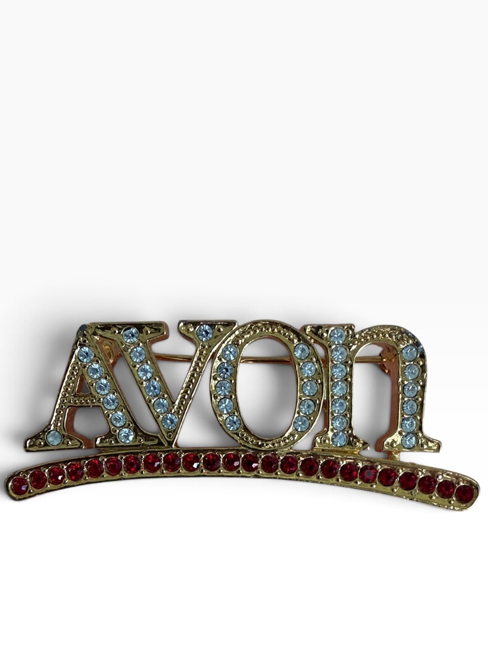VINTAGE AVON RHINESTONE LOGO BROOCH GOLDTONE NAMEPLATE PIN